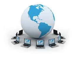globe and small laptops around